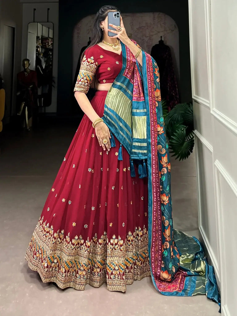 Marvelous Maroon Georgette Wedding Lehenga Choli With Gaji Silk Dupatta - Ethnic Plus In