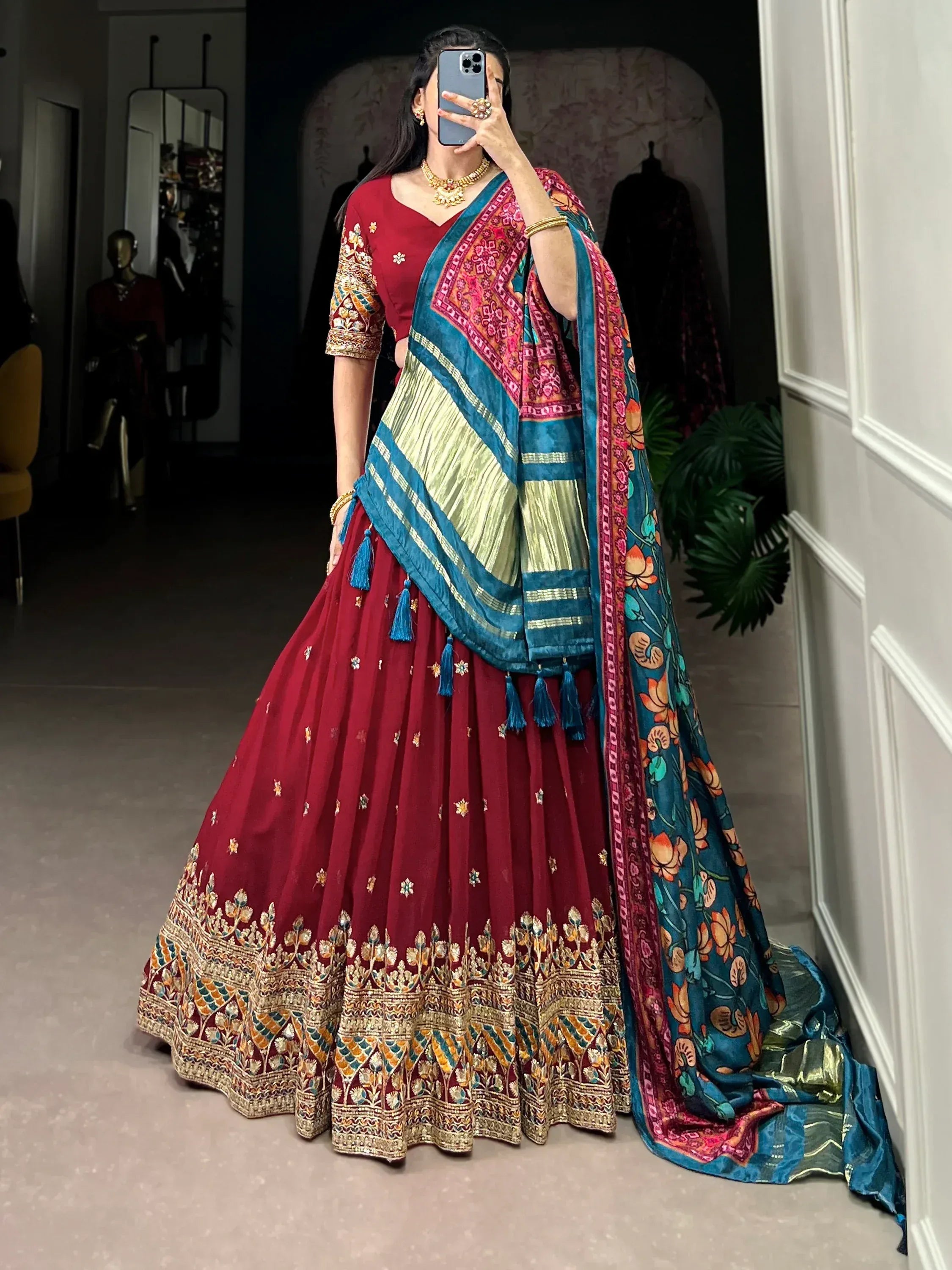 Maroon embroidered lehenga choli with floral dupatta, Indian ethnic wear for weddings and festivals