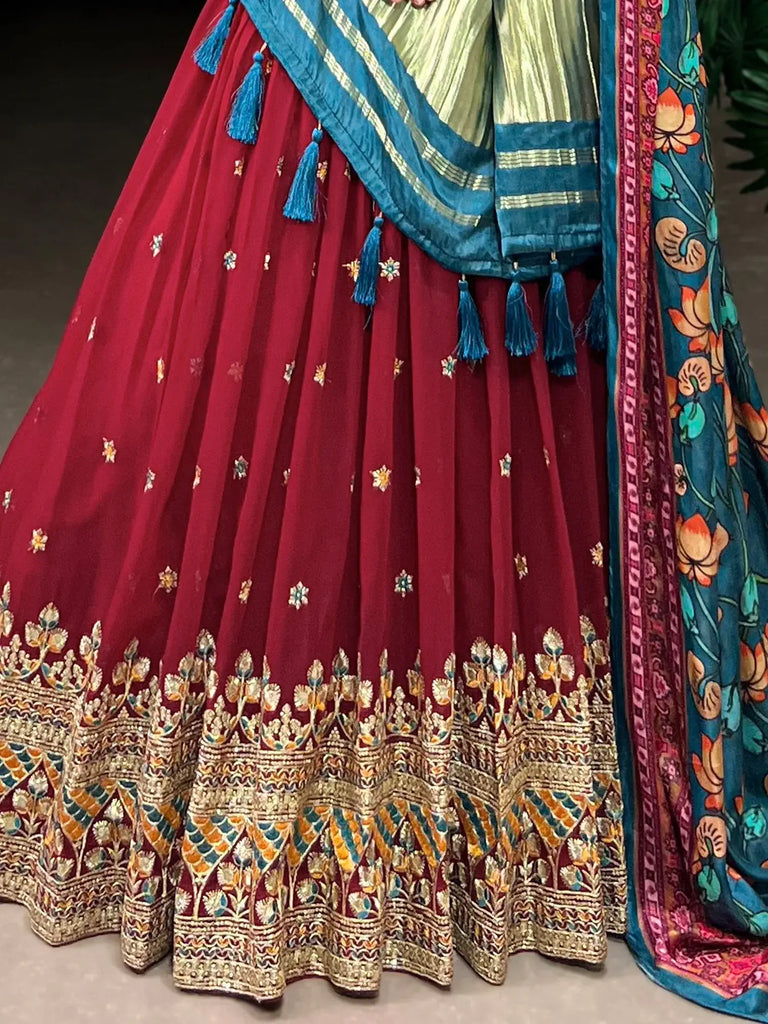 Marvelous Maroon Georgette Wedding Lehenga Choli With Gaji Silk Dupatta - Ethnic Plus In
