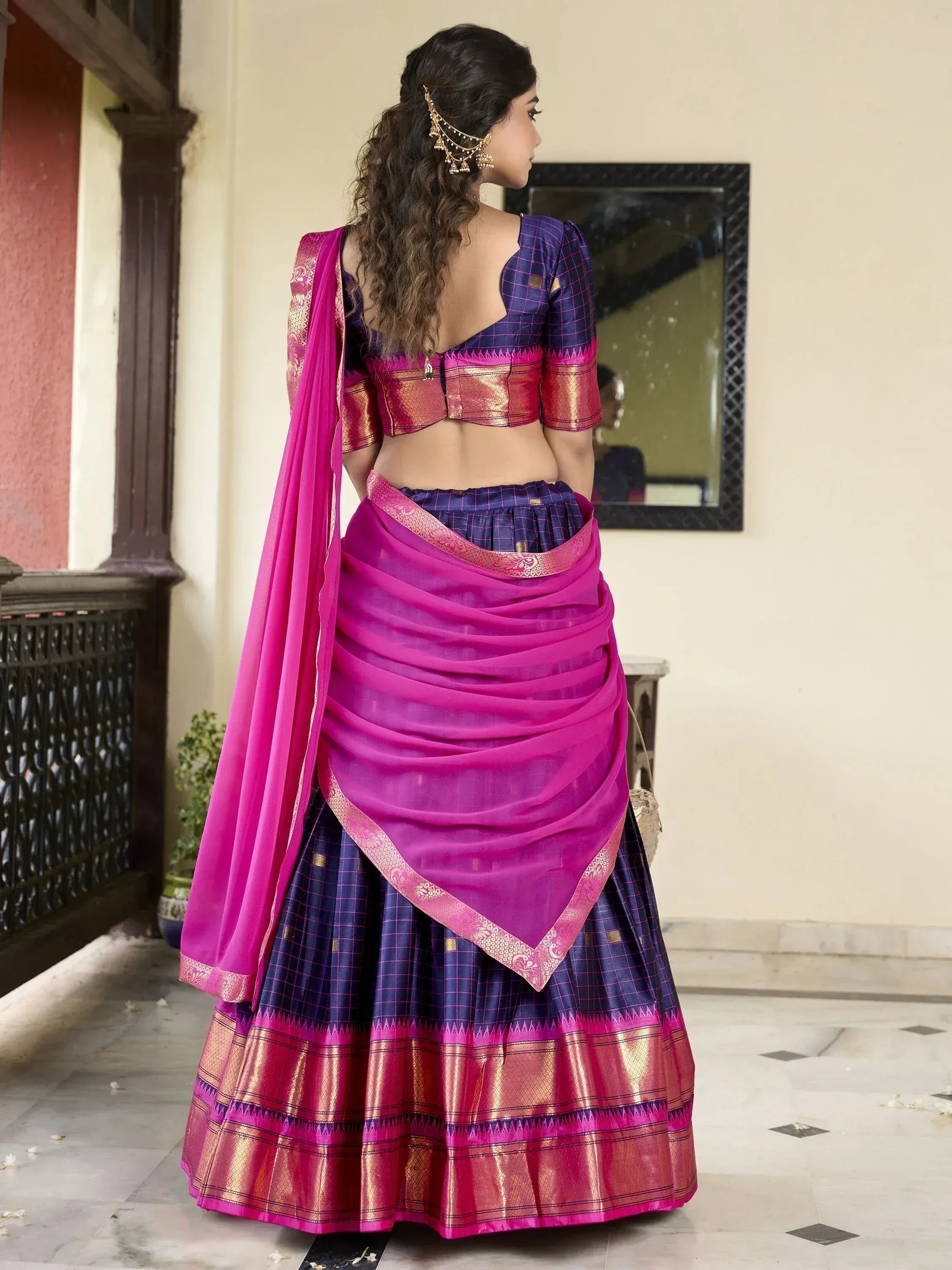 Purple and pink designer lehenga choli with gold border, ethnic wear for women