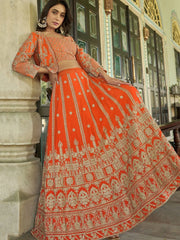 Marvelous Orange Chinon Embroidered Designer Lehenga Choli With Koti - Ethnic Plus In