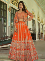Marvelous Orange Chinon Embroidered Designer Lehenga Choli With Koti