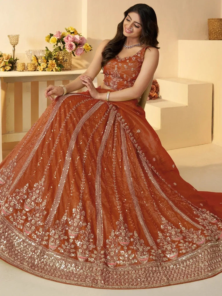 Marvelous Orange Sequins Silk Traditional Lehenga Choli With Dupatta - Ethnic Plus In