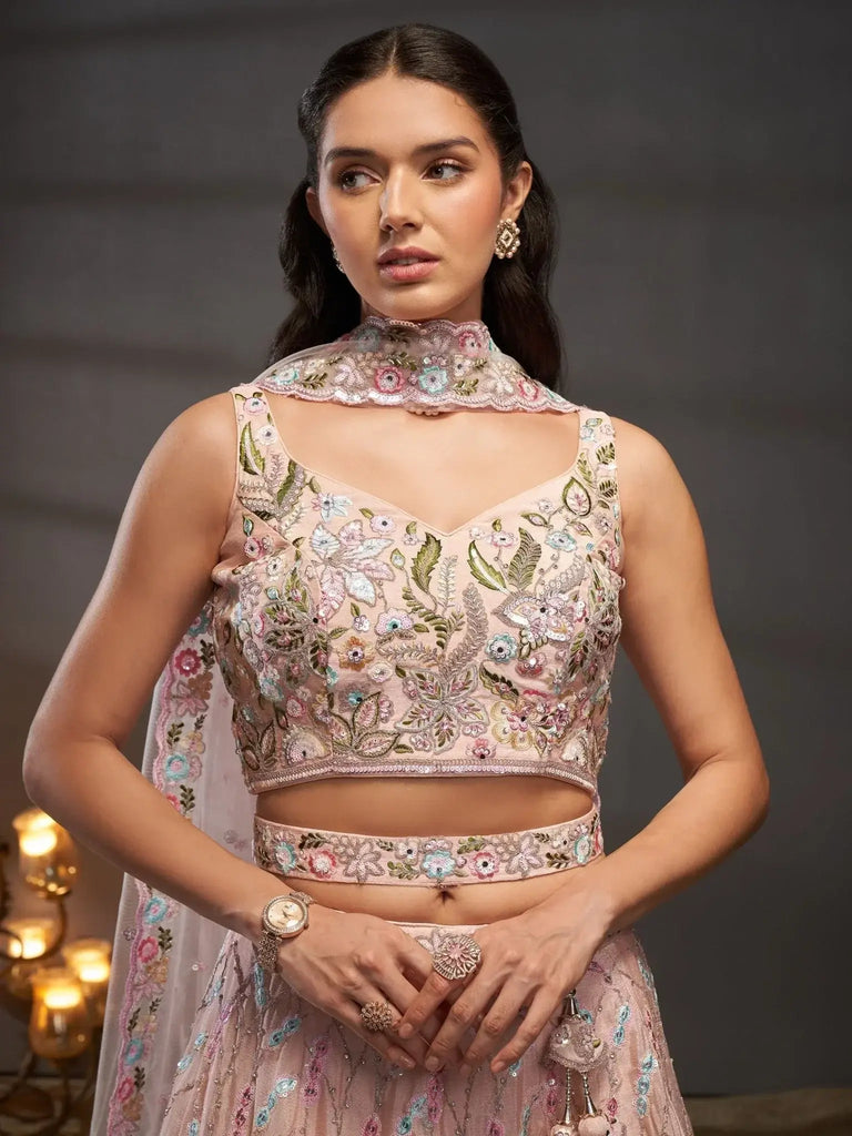 Marvelous Peach Sequins Chiffon Bridesmaid Lehenga Choli With Dupatta - Ethnic Plus In