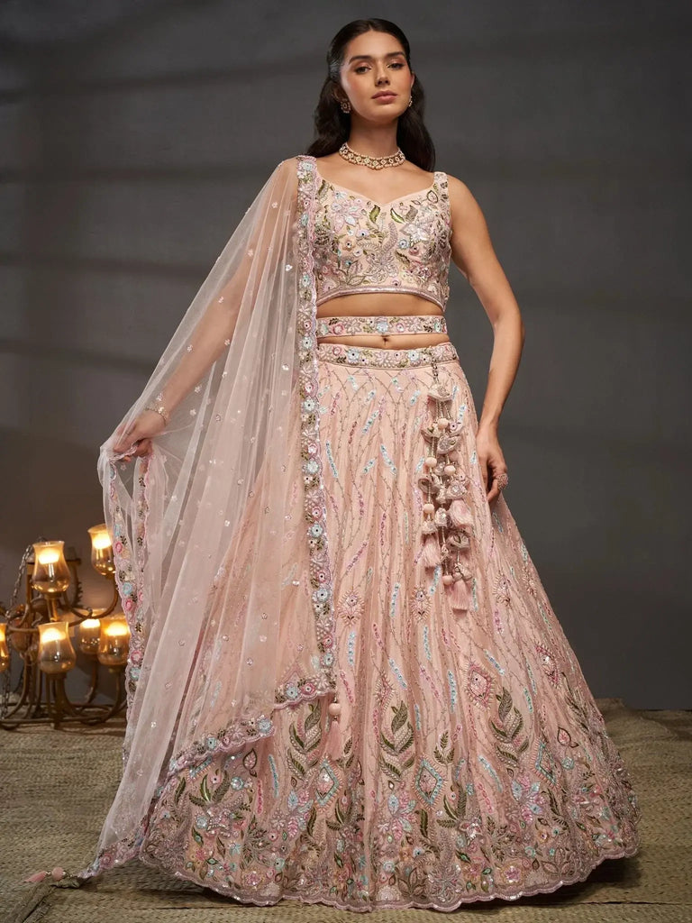 Marvelous Peach Sequins Chiffon Bridesmaid Lehenga Choli With Dupatta - Ethnic Plus In