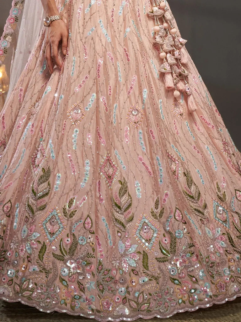 Marvelous Peach Sequins Chiffon Bridesmaid Lehenga Choli With Dupatta - Ethnic Plus In