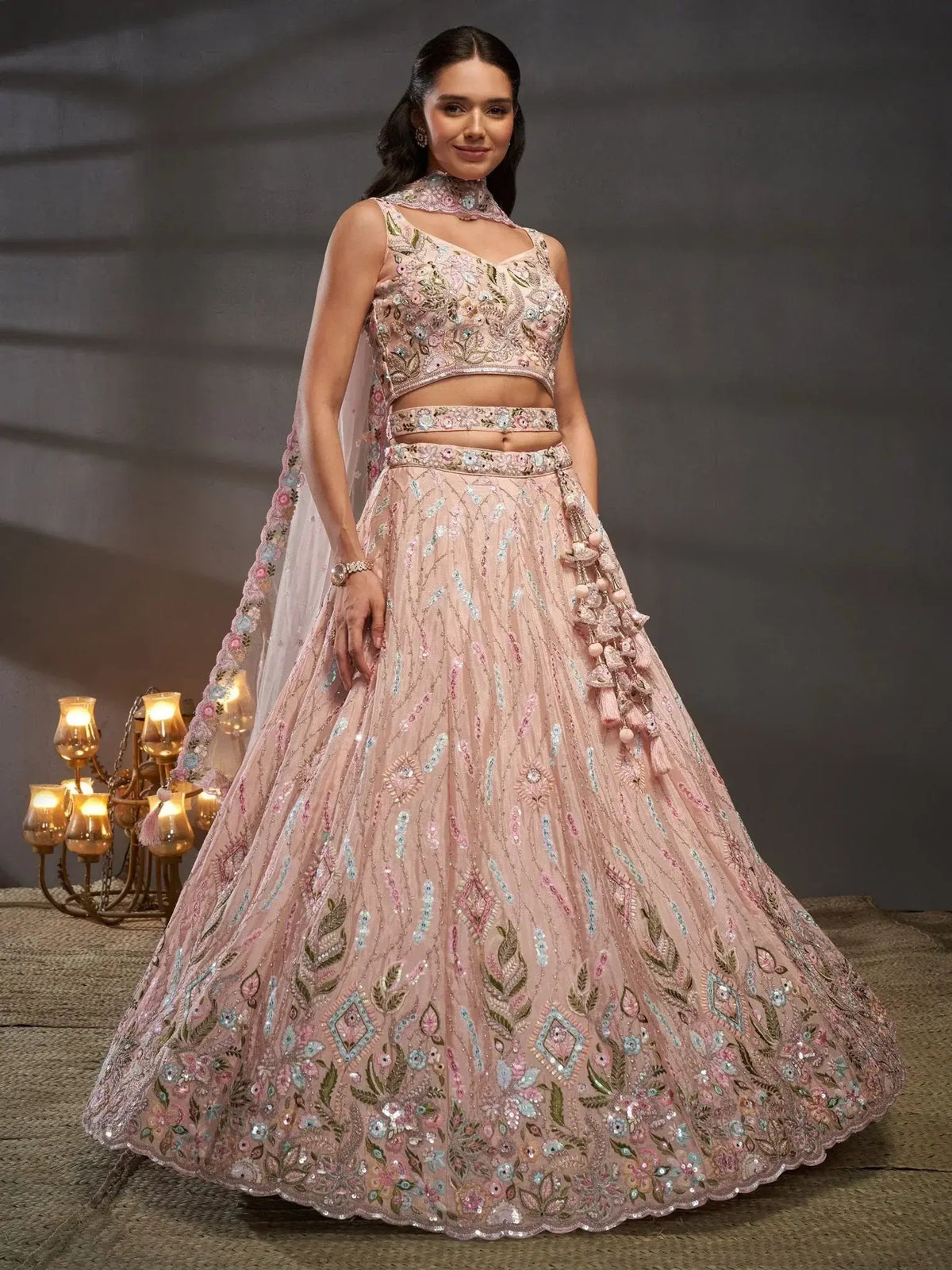 Marvelous Peach Sequins Chiffon Bridesmaid Lehenga Choli With Dupatta - Ethnic Plus In