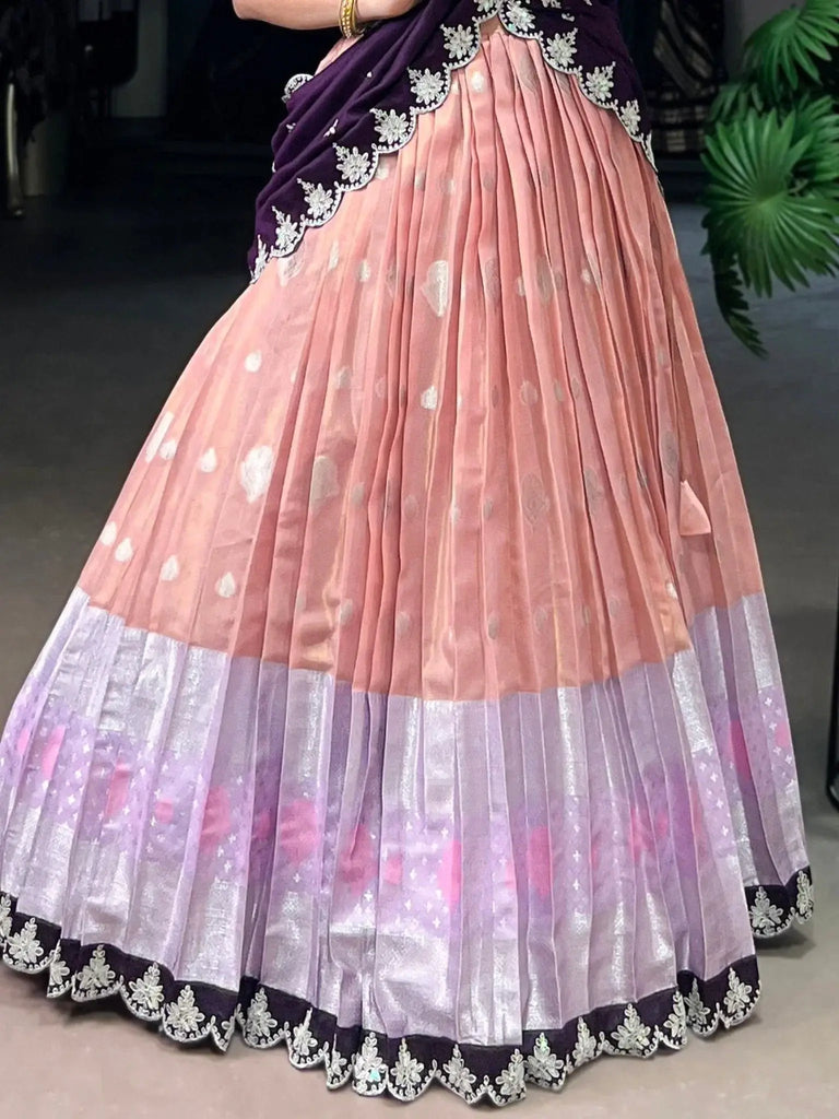 Marvelous Peach Zari Weaving Silk Festive Wear Half Saree Lehenga - Ethnic Plus In