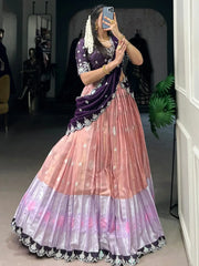 Marvelous Peach Zari Weaving Silk Festive Wear Half Saree Lehenga - Ethnic Plus In