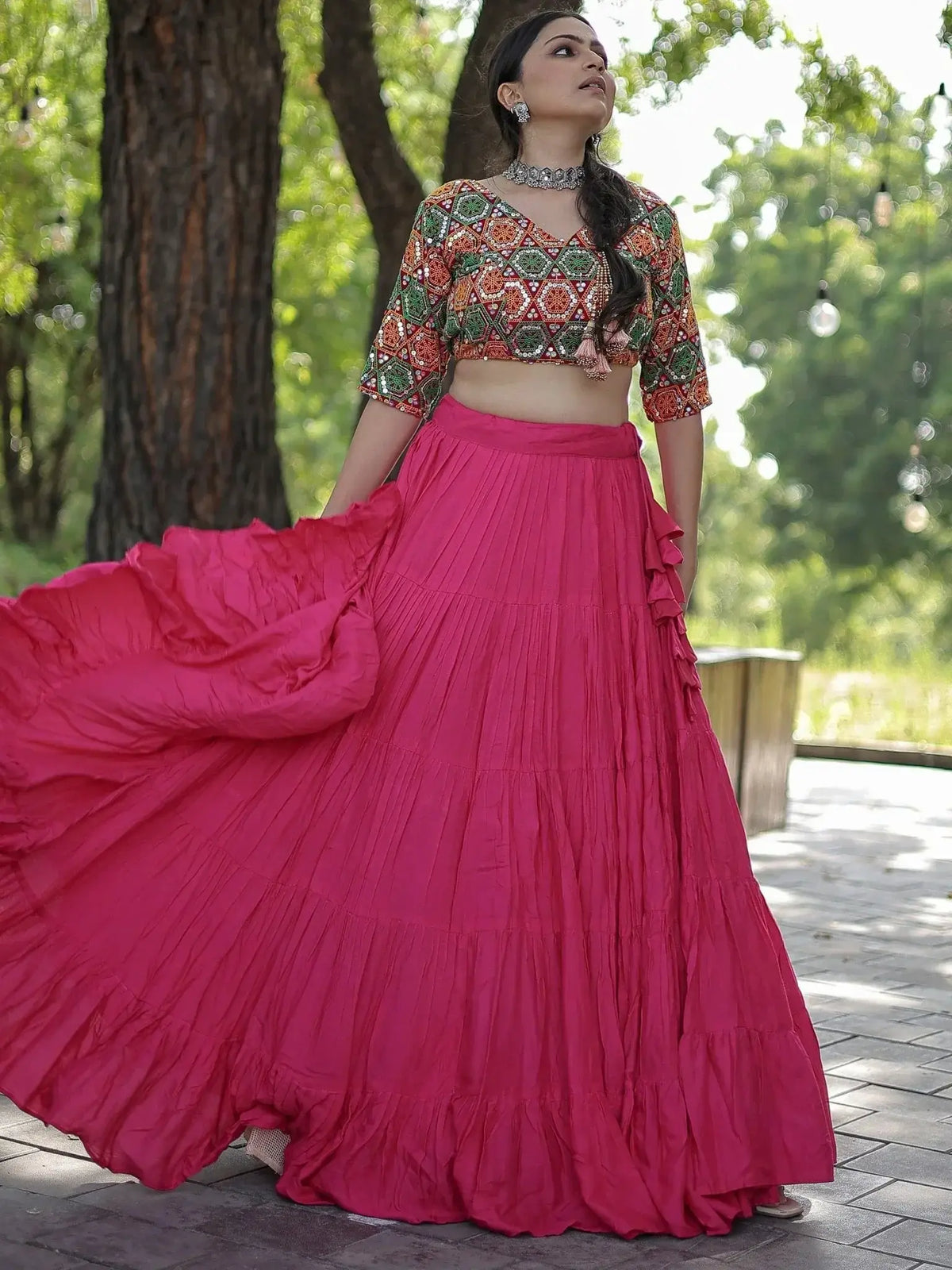 Marvelous Pink Embroidered Rayon Navratri Lehenga Choli - Ethnic Plus In