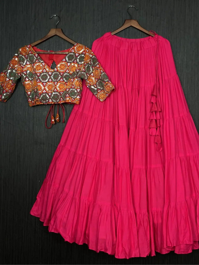 Marvelous Pink Embroidered Rayon Navratri Lehenga Choli - Ethnic Plus In