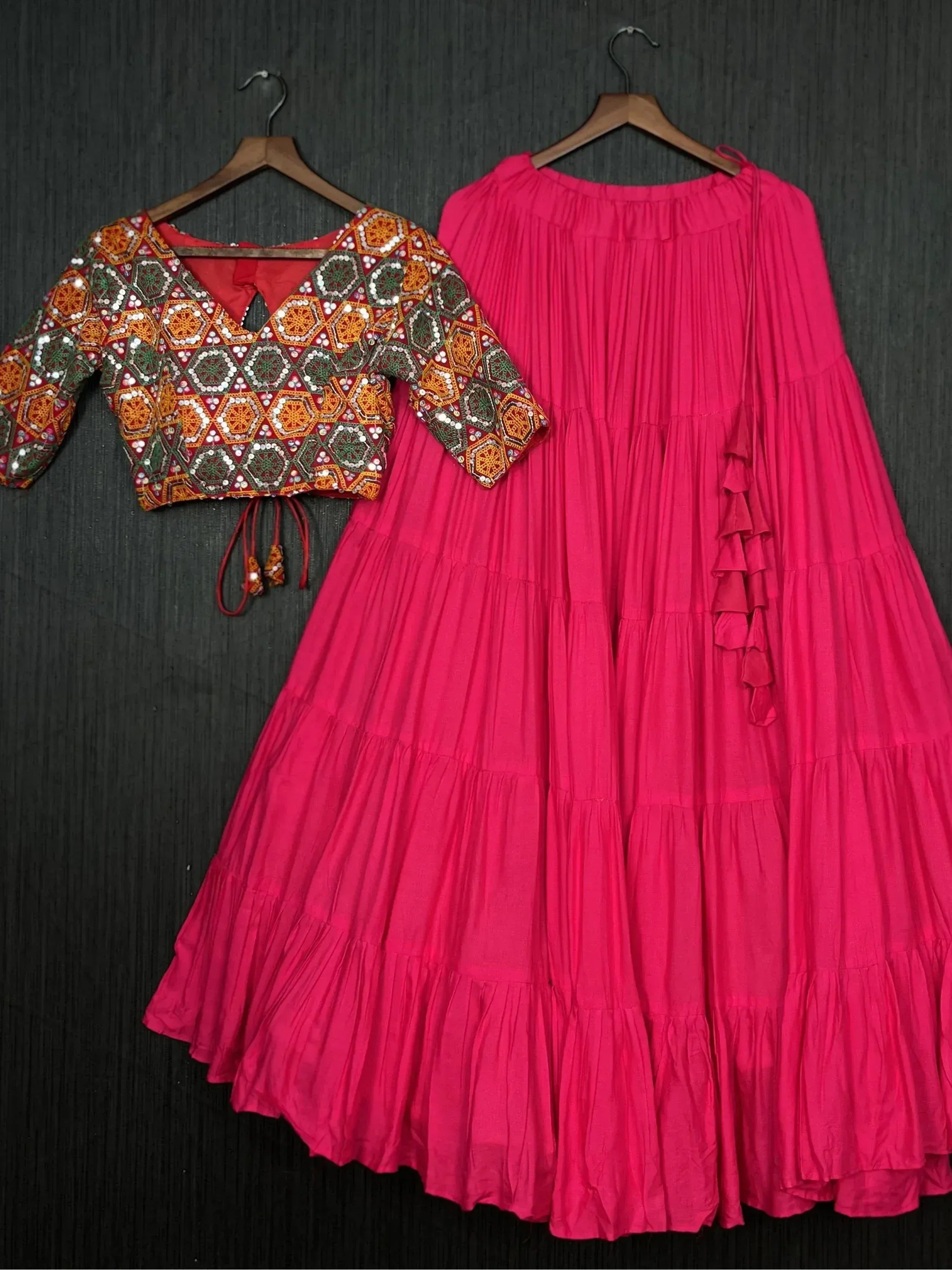 Pink tiered skirt with mirror work blouse, Indian ethnic wear set