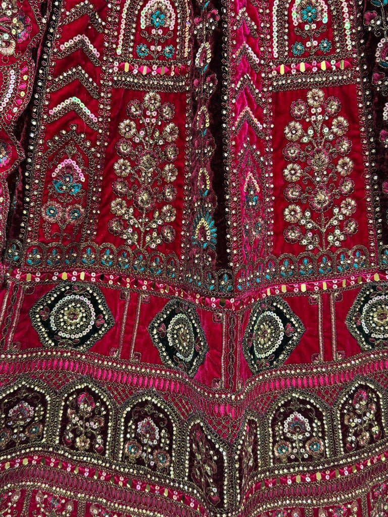 Marvelous Pink Embroidered Velvet Bridal Lehenga Choli With Double Dupatta - Ethnic Plus In