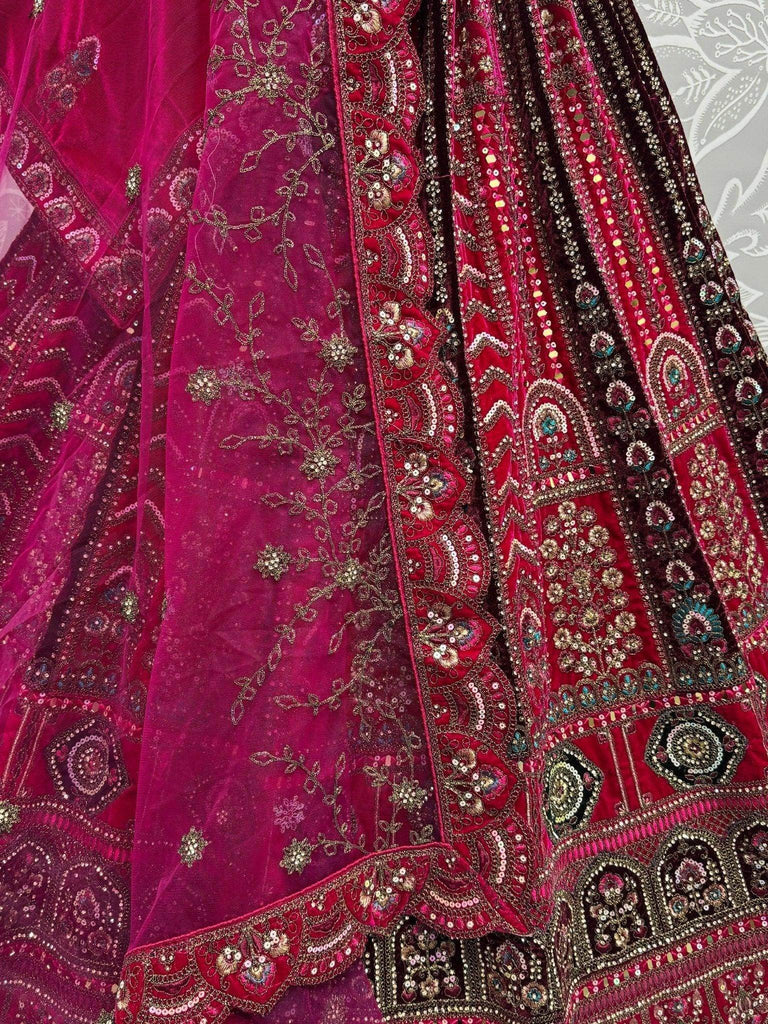Marvelous Pink Embroidered Velvet Bridal Lehenga Choli With Double Dupatta - Ethnic Plus In