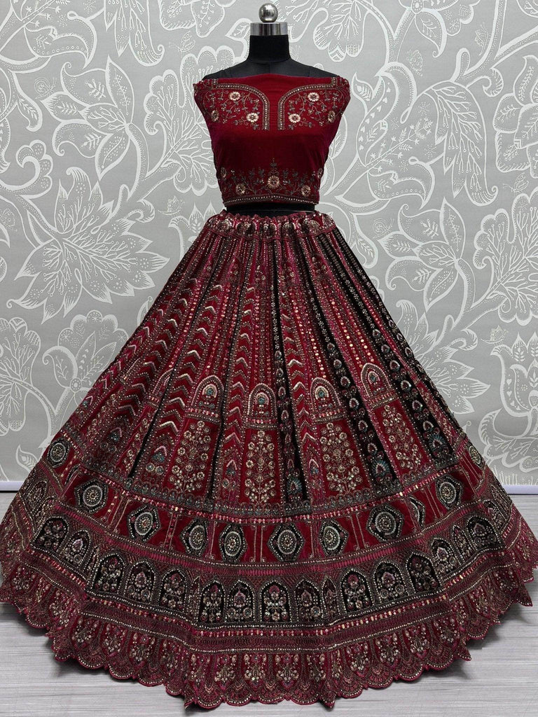 Marvelous Pink Embroidered Velvet Bridal Lehenga Choli With Double Dupatta - Ethnic Plus In