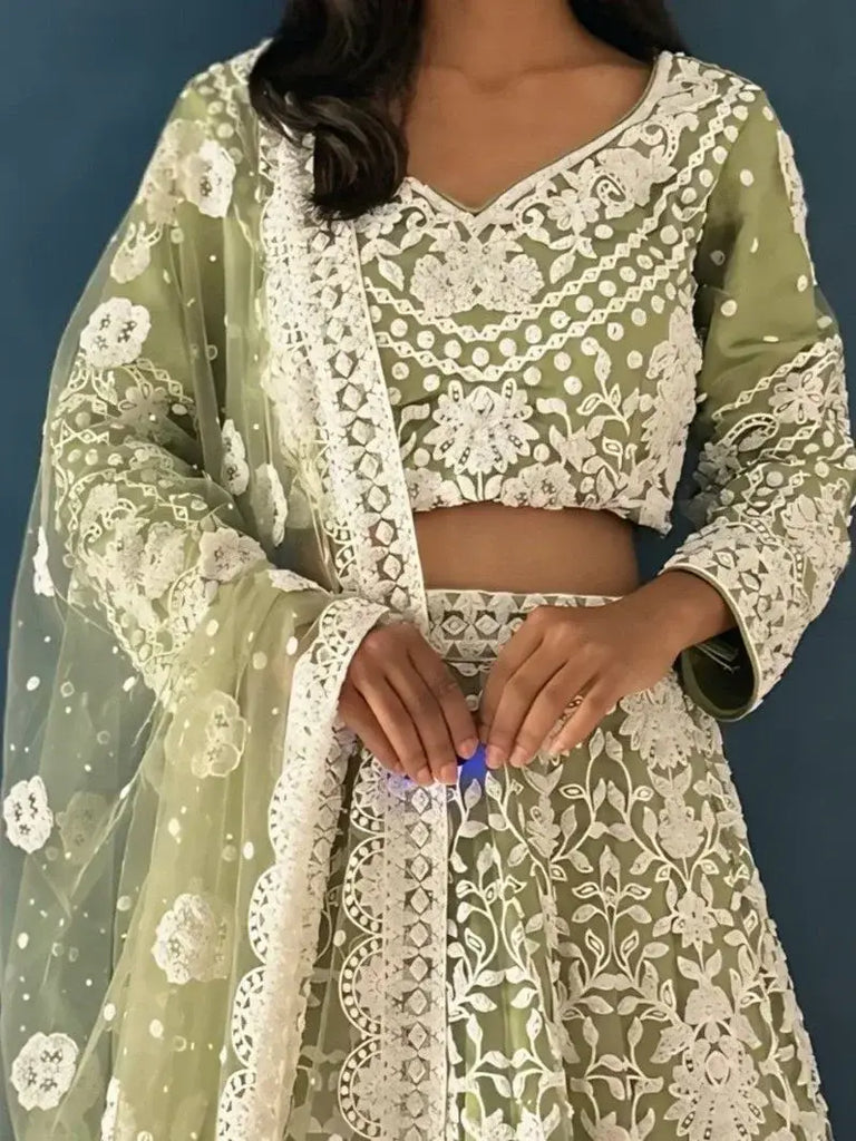 Marvelous Pista Green Pearl Work Net Engagement Wear Lehenga Choli - Ethnic Plus In