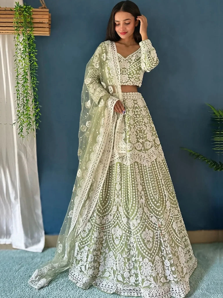 Marvelous Pista Green Pearl Work Net Engagement Wear Lehenga Choli - Ethnic Plus In