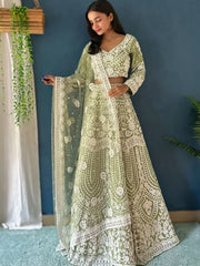 Marvelous Pista Green Pearl Work Net Engagement Wear Lehenga Choli - Ethnic Plus In