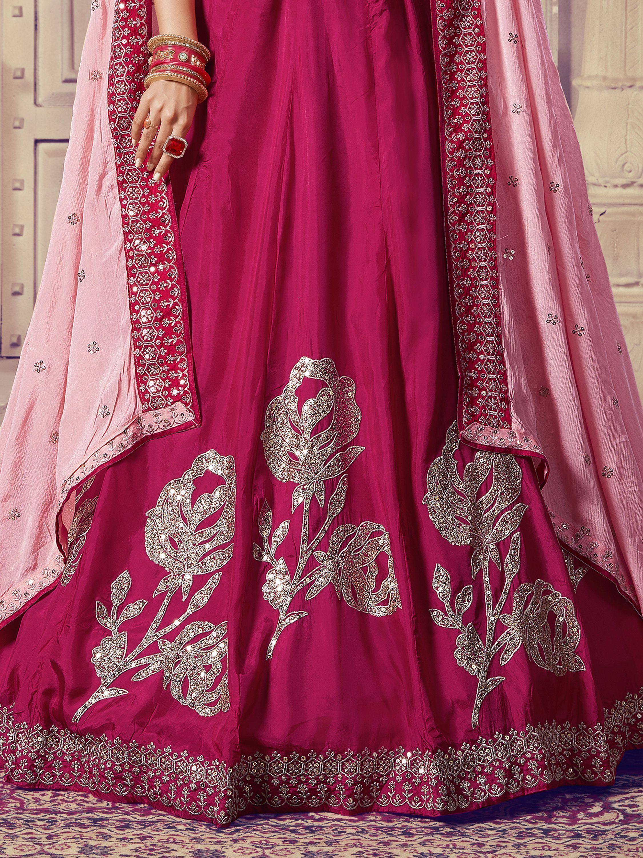 Fuchsia lehenga with silver floral embroidery and pink dupatta, Indian ethnic wear