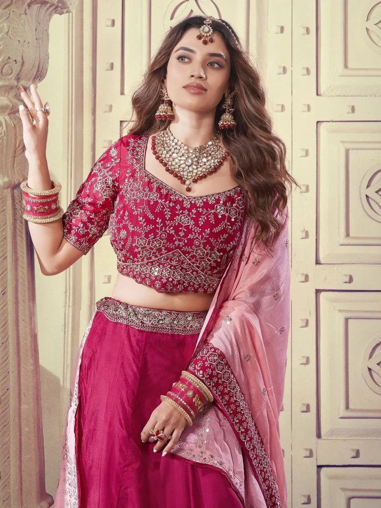 Marvelous Rani Pink Sequins Silk Bridesmaid Lehenga Choli With Dupatta - Ethnic Plus In
