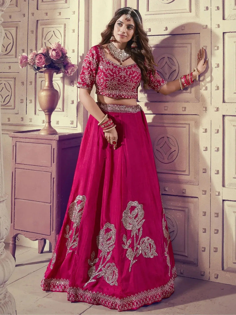 Marvelous Rani Pink Sequins Silk Bridesmaid Lehenga Choli With Dupatta - Ethnic Plus In
