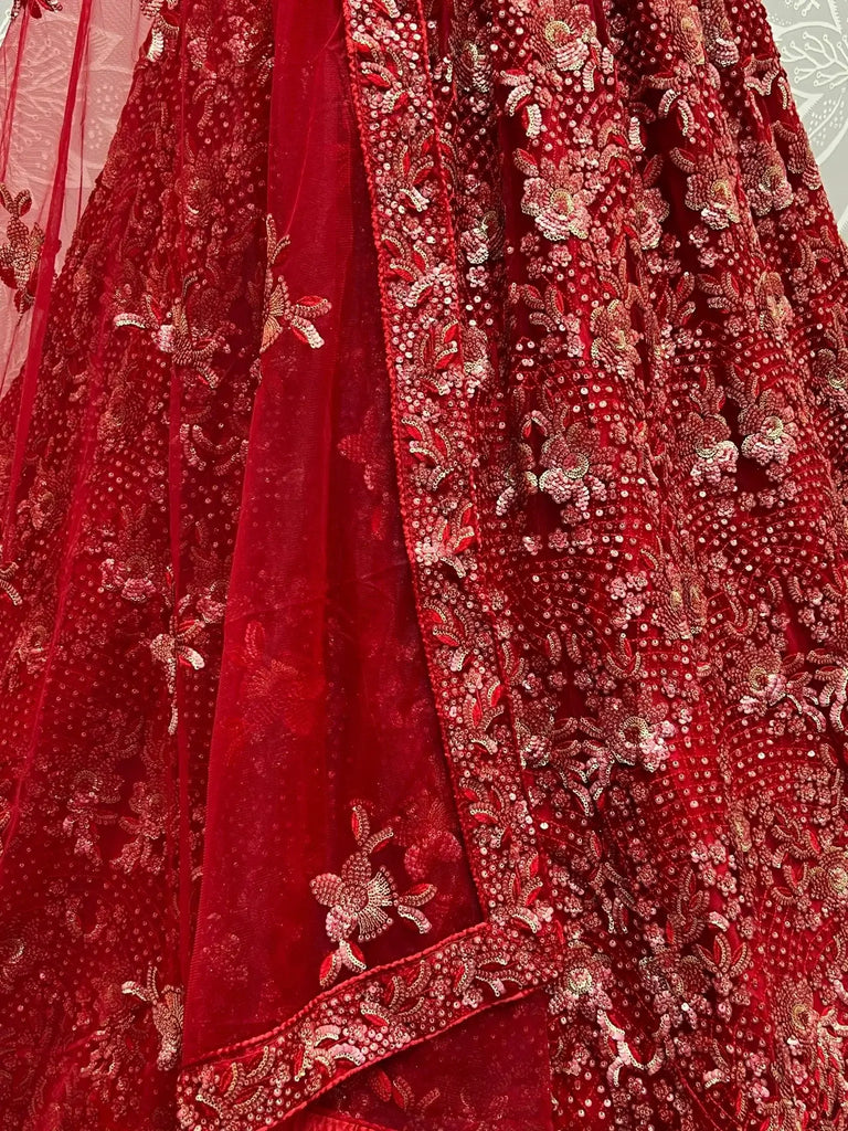 Marvelous Red Sequins Net Bridal Lehenga Choli With Dupatta - Ethnic Plus In