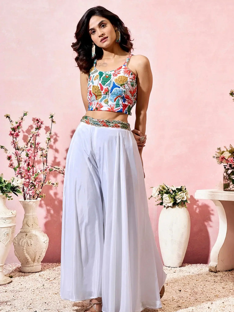 Marvelous White Crepe Floral Printed Crop Top Palazzo With Shrug - Ethnic Plus In