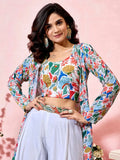 Marvelous White Crepe Floral Printed Crop Top Palazzo With Shrug - Ethnic Plus In