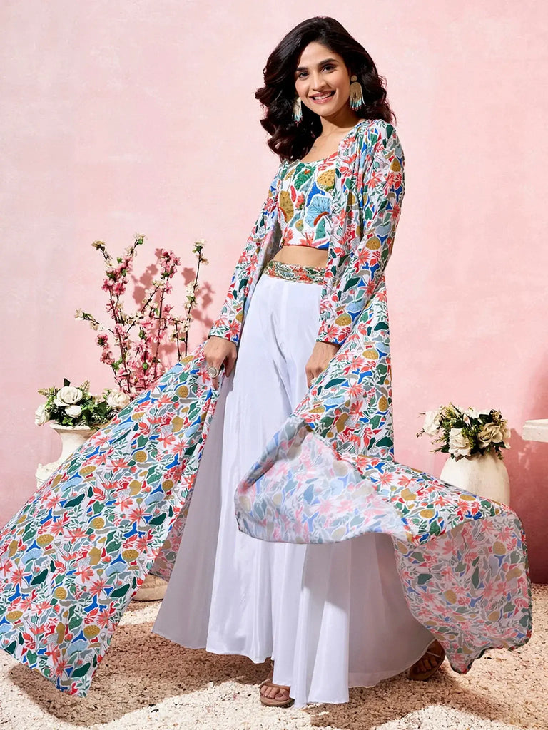 Marvelous White Crepe Floral Printed Crop Top Palazzo With Shrug - Ethnic Plus In