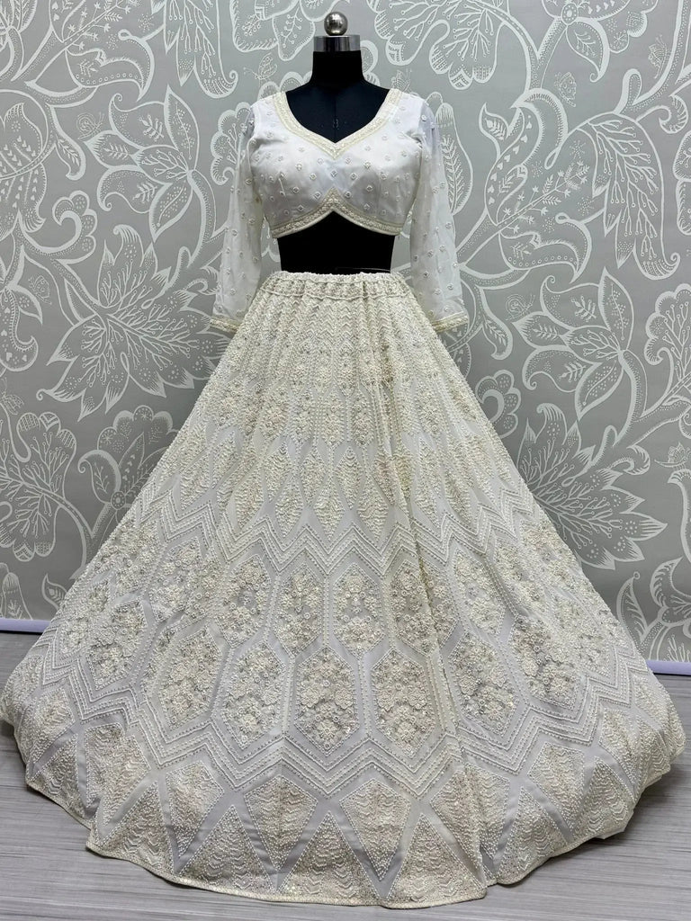 Marvelous White Pearl Work Georgette Monochrome Lehenga Choli - Ethnic Plus In