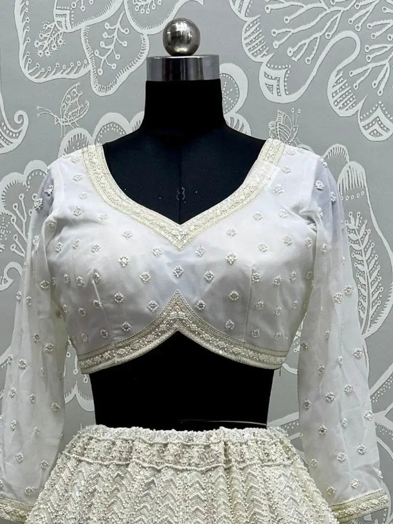 Marvelous White Pearl Work Georgette Monochrome Lehenga Choli - Ethnic Plus In