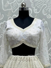 Marvelous White Pearl Work Georgette Monochrome Lehenga Choli - Ethnic Plus In