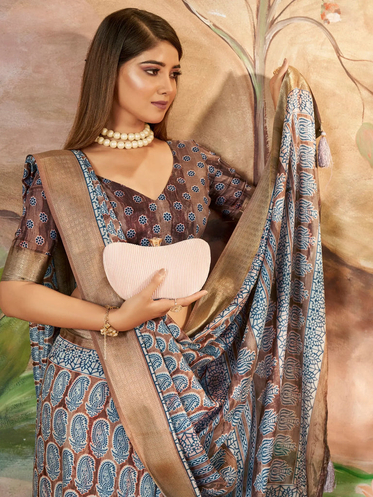 Marvelous Brown Printed Dola Silk Office Wear Saree With Blouse
