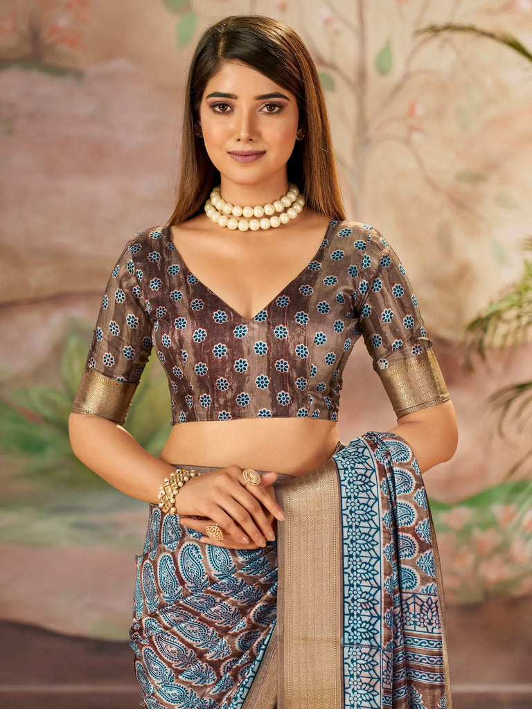Marvelous Brown Printed Dola Silk Office Wear Saree With Blouse