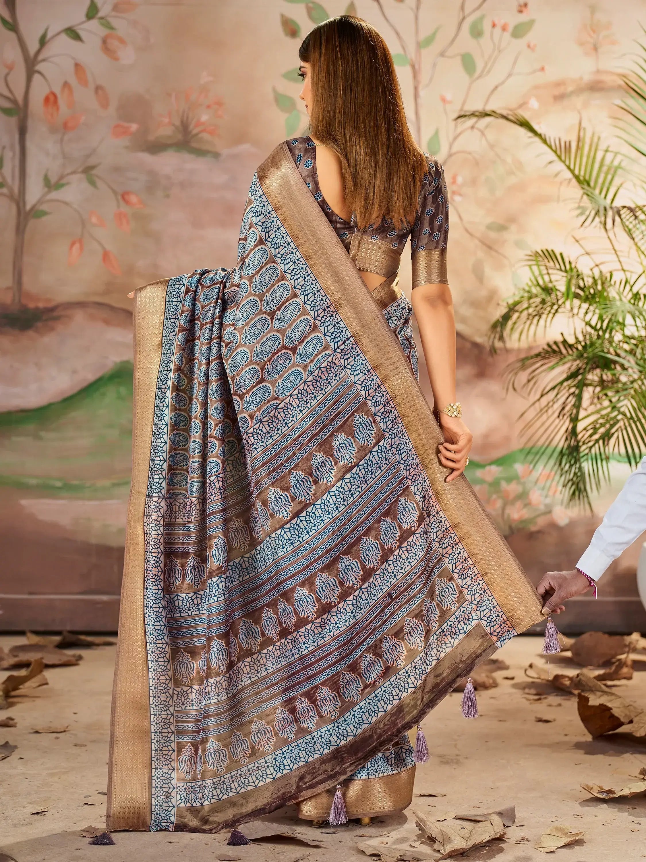 Marvelous Brown Printed Dola Silk Office Wear Saree With Blouse