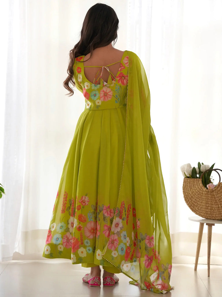 Marvelous Green Floral Printed Organza Festival Wear Anarkali Suit