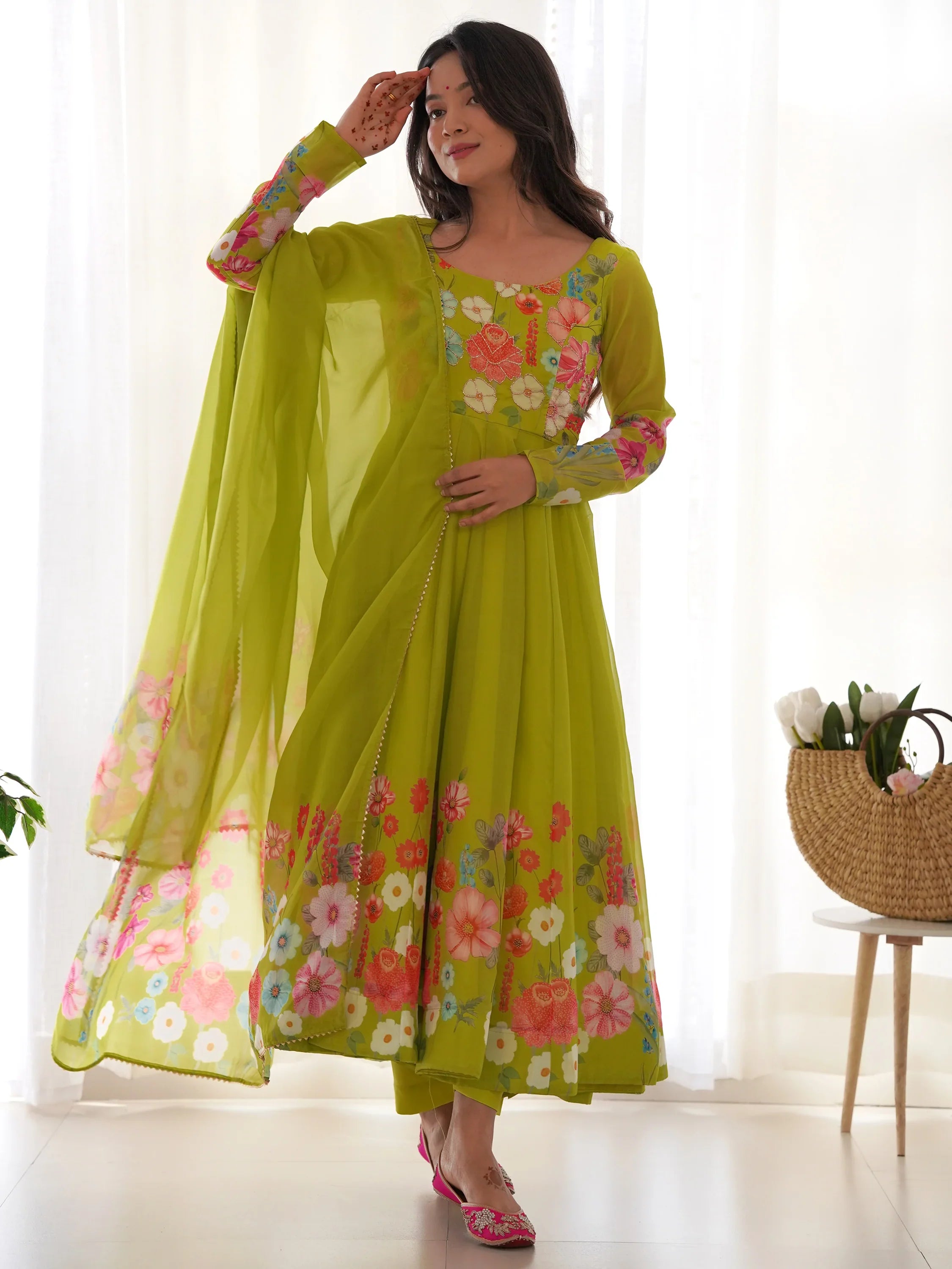 Marvelous Green Floral Printed Organza Festival Wear Anarkali Suit