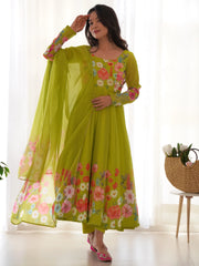 Marvelous Green Floral Printed Organza Festival Wear Anarkali Suit