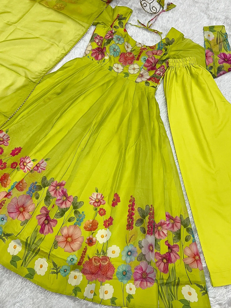 Marvelous Green Floral Printed Organza Festival Wear Anarkali Suit