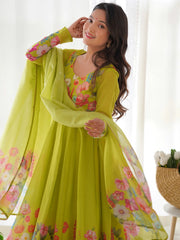 Marvelous Green Floral Printed Organza Festival Wear Anarkali Suit