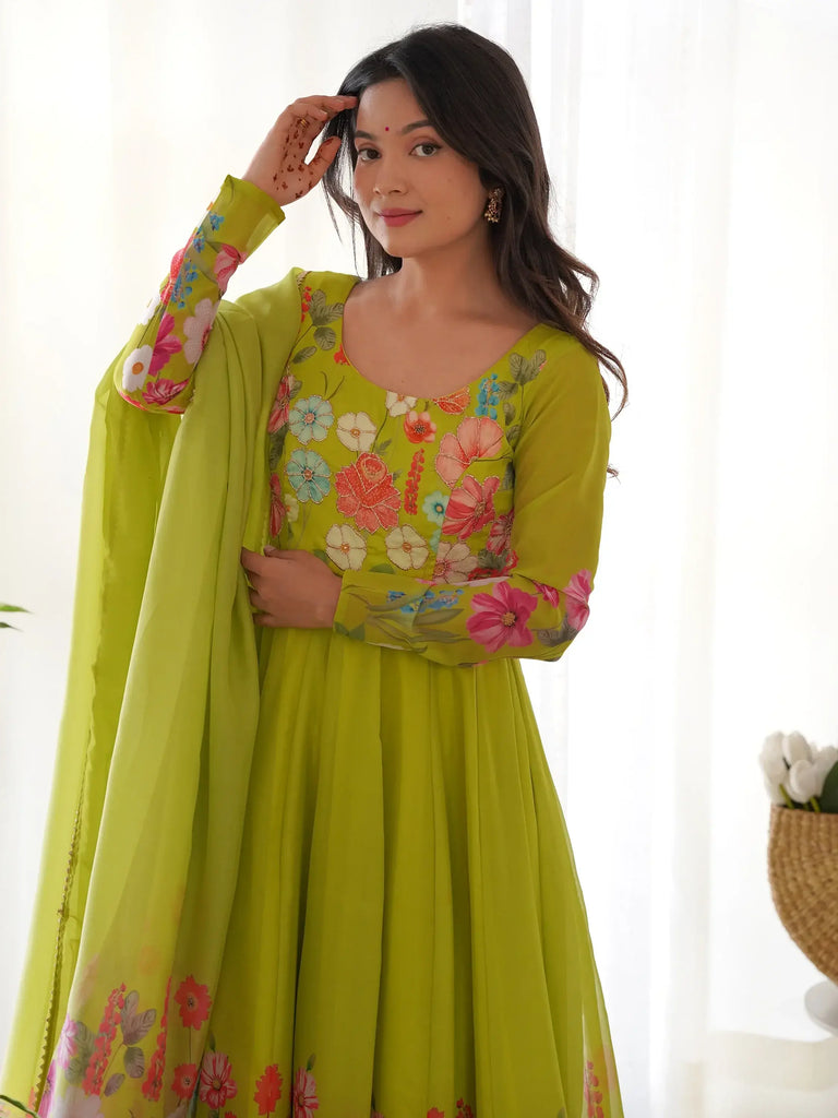 Marvelous Green Floral Printed Organza Festival Wear Anarkali Suit