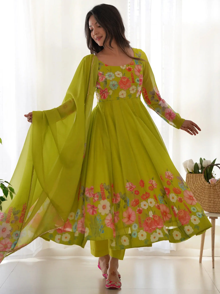 Marvelous Green Floral Printed Organza Festival Wear Anarkali Suit