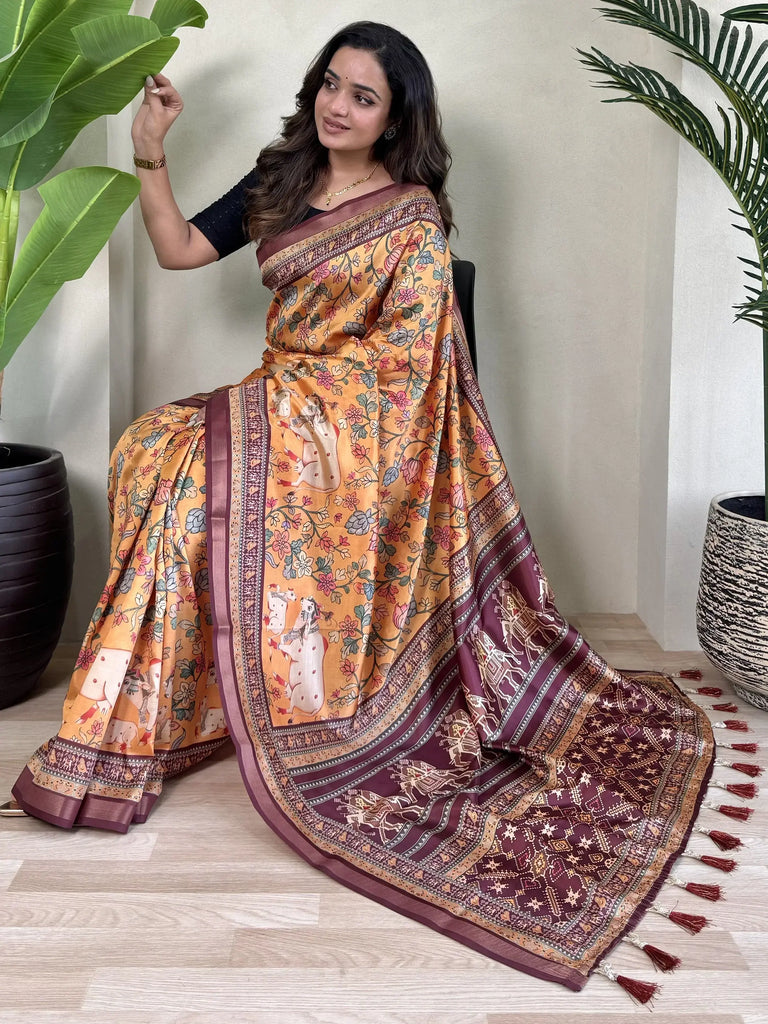 Marvelous Orange Pichwai Printed Viscose Casual Wear Saree