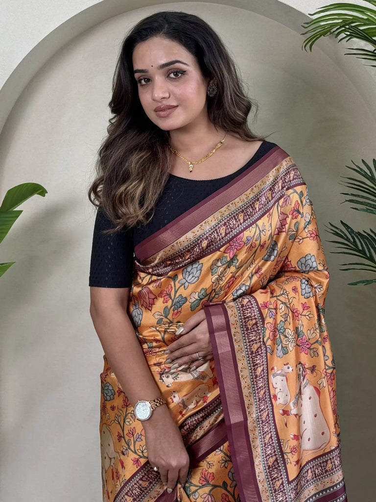 Marvelous Orange Pichwai Printed Viscose Casual Wear Saree