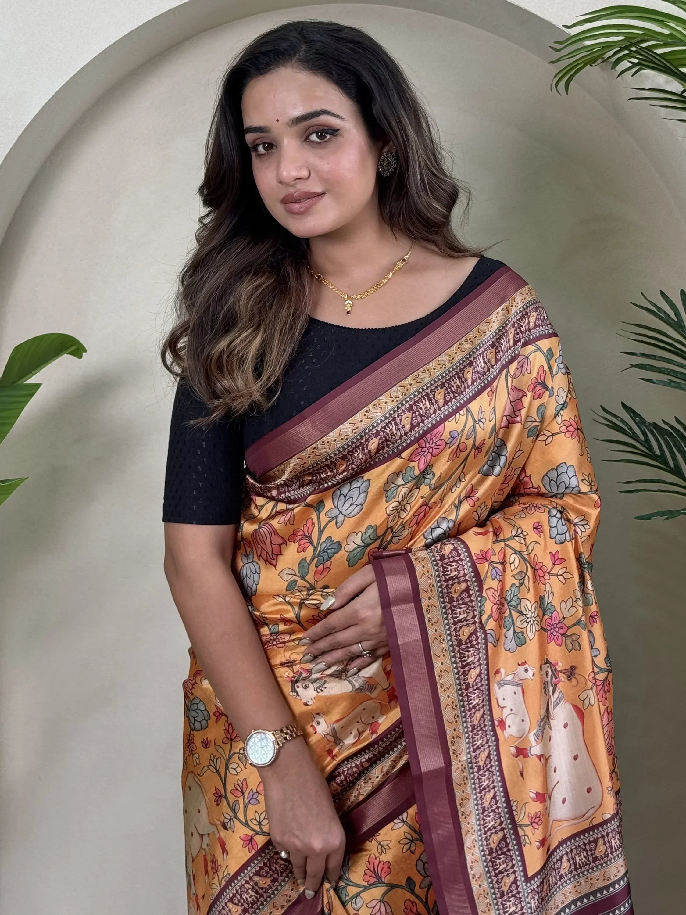 Marvelous Orange Pichwai Printed Viscose Casual Wear Saree