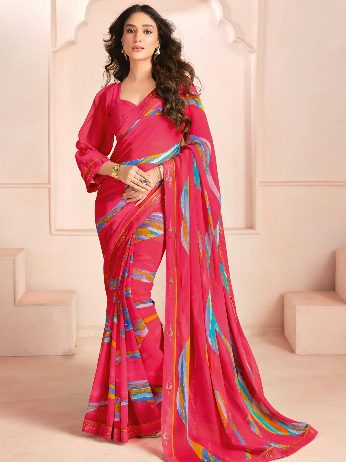 Marvelous Pink Digital Printed Georgette Party Wear Saree With Blouse