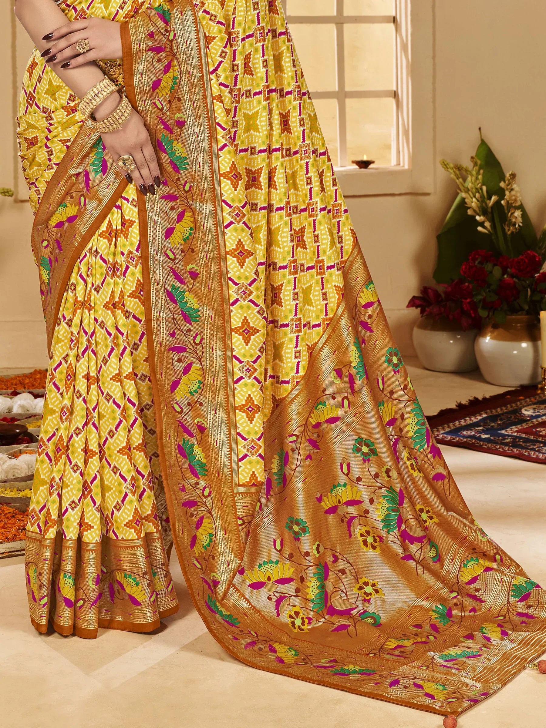 Marvelous Yellow Ikkat Printed Cotton Festival Wear Saree With Blouse