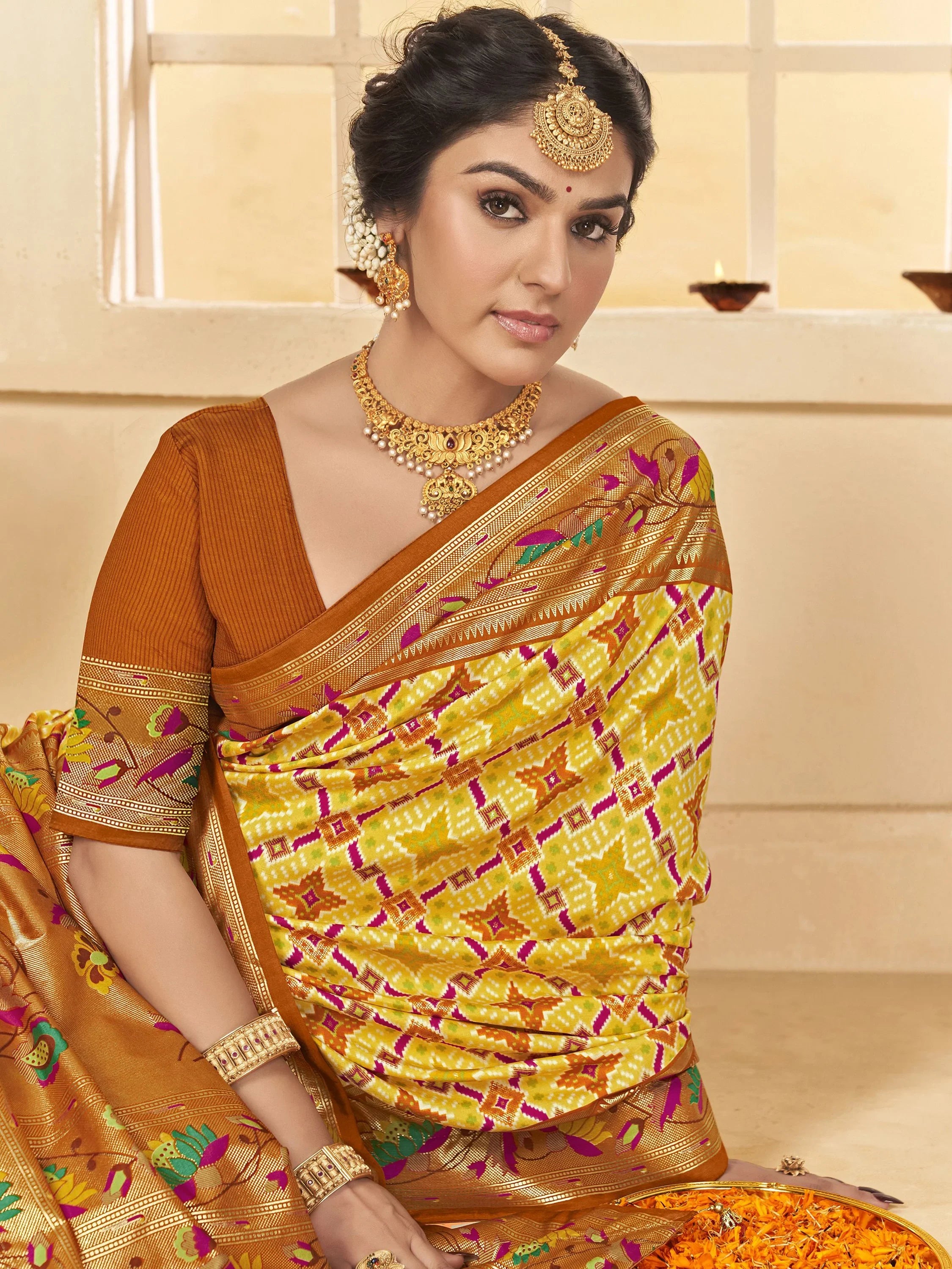 Marvelous Yellow Ikkat Printed Cotton Festival Wear Saree With Blouse