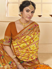 Marvelous Yellow Ikkat Printed Cotton Festival Wear Saree With Blouse