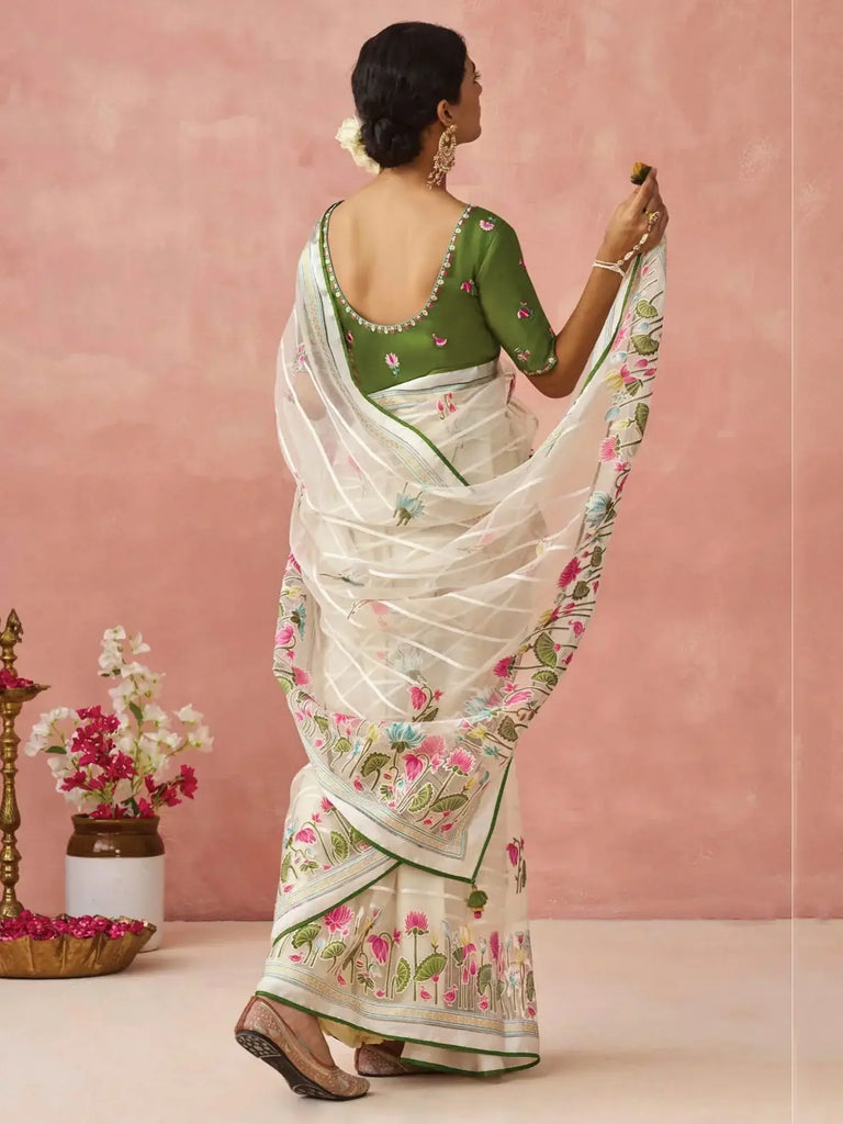 Adorable Cream Brasso Organza Festival Wear Saree